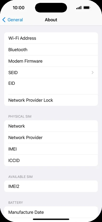 Реальный скриншот iPhone: EID в разделе About